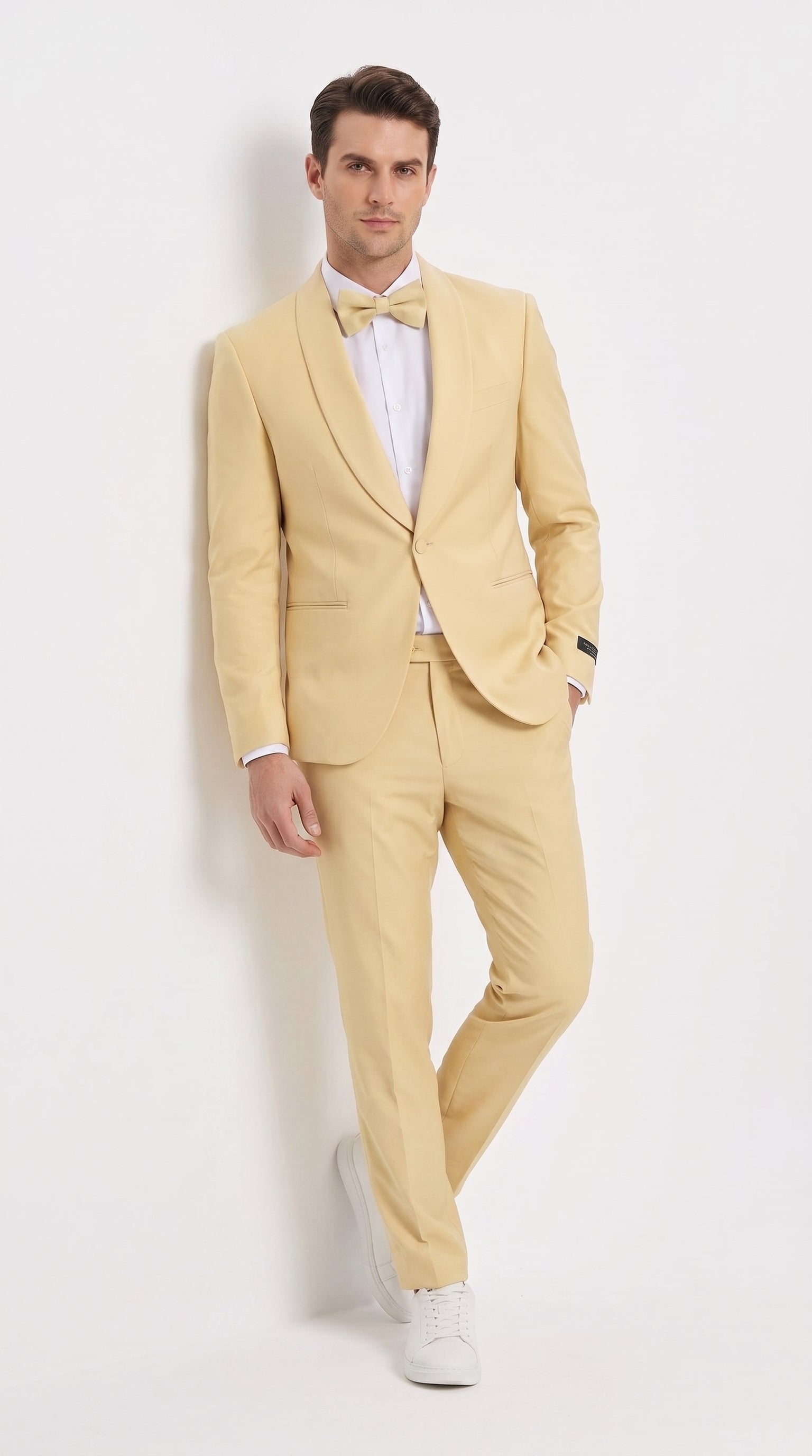 Men’s Light Yellow Shawl Lapel Tuxedo – Modern Wedding, Prom & Groom Formal Suit + Matching bowtie