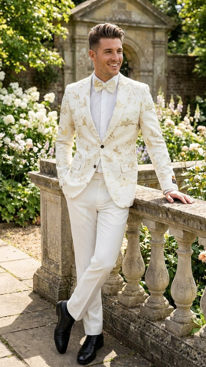Men’s White and Gold Patterned Blazer - Paisley Floral Pattern Prom Wedding Suit Tuxedo Dinner Jacket + Bowtie by USA Men's Outlet