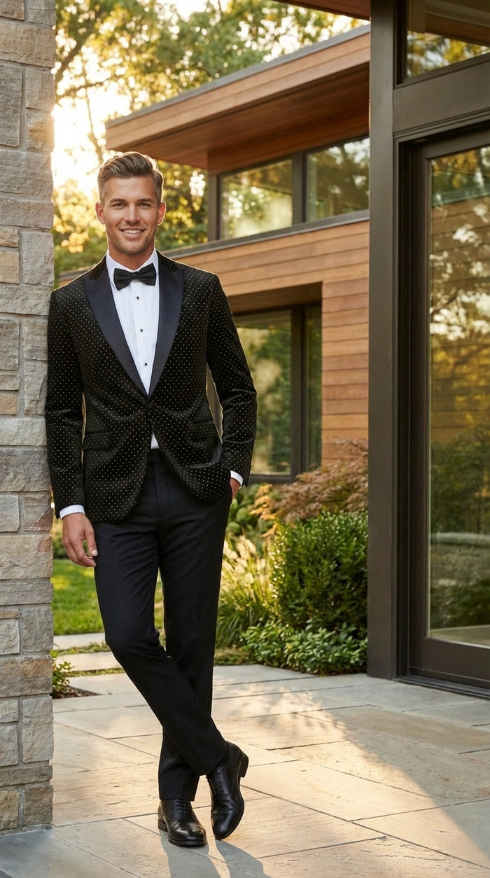 Men’s Black Velvet Dinner Jacket Blazer with Satin Lapel – Formal Evening Tuxedo Style Jacket Polk Dots Pattern + Free bowtie