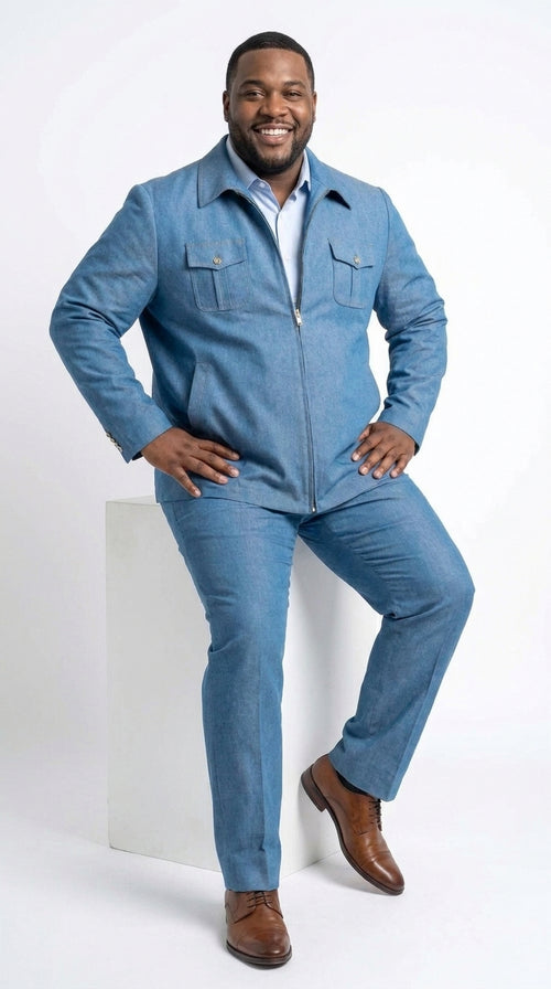 Men’s Light Blue Walking Suit – 2 Piece Casual Leisure Set with Zip Front Jacket Denim Style