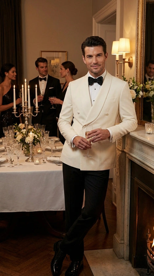 Men’s Ivory Wool Dinner Jacket – Classic Double Breasted Formal Tuxedo Jacket for Wedding and Black Tie Events