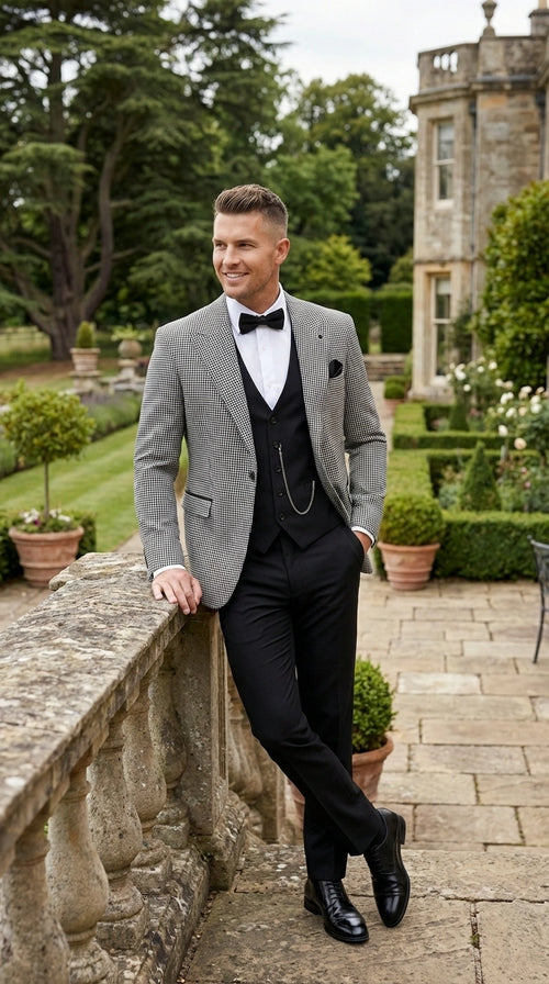 Men’s Black and White Houndstooth Gatsby Inspired Suit – Vintage Style Formal Suit for Wedding, Prom and Classic Events Blazer + Black vest + Black Pants