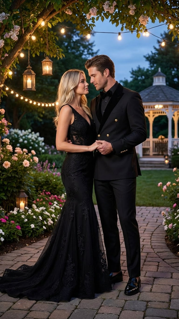 Men’s Black Double Breasted Tuxedo Suit - Luxury Formal Dinner Jacket Gold Buttons Velvet Lapel by USA Men's Outlet