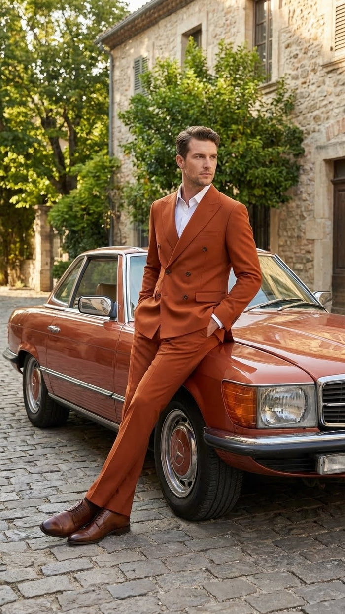 Vitali Brand Men’s Burnt Orange Double Breasted Suit - in Rust Brick Copper Color USA Men's Outlet