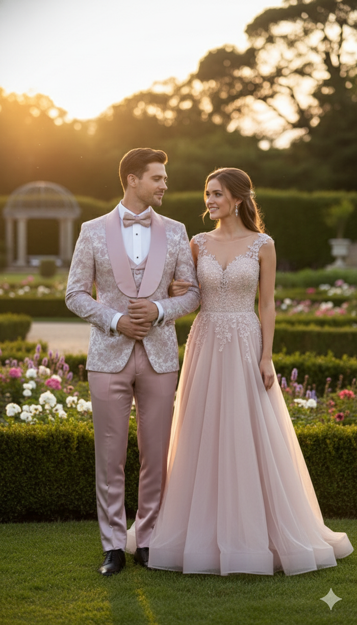 Men’s Light Pink Dusty Rose - Floral Tuxedo Suit - Luxury Satin Shawl Lapel 3-Piece Formal Wedding and Prom Suit in Blush Mauve color USA Men's Outlet