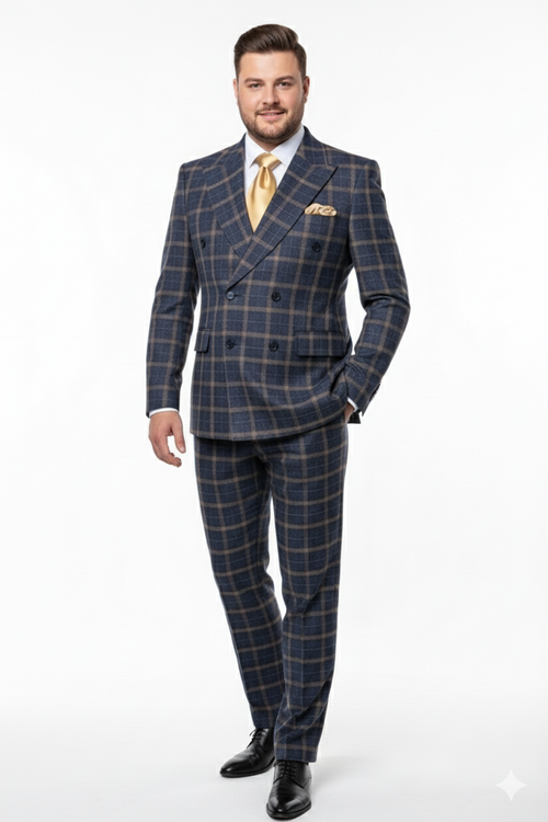 Men’s Navy and Tan Windowpane Double-Breasted Suit - Classic 2-Piece Plaid Dress Suit, Business, and Formal Events By Rossiman USA Men's Outlet