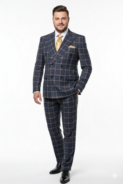 Men’s Navy and Tan Windowpane Double-Breasted Suit | Classic 2-Piece Plaid Dress Suit, Business, and Formal Events By Rossiman