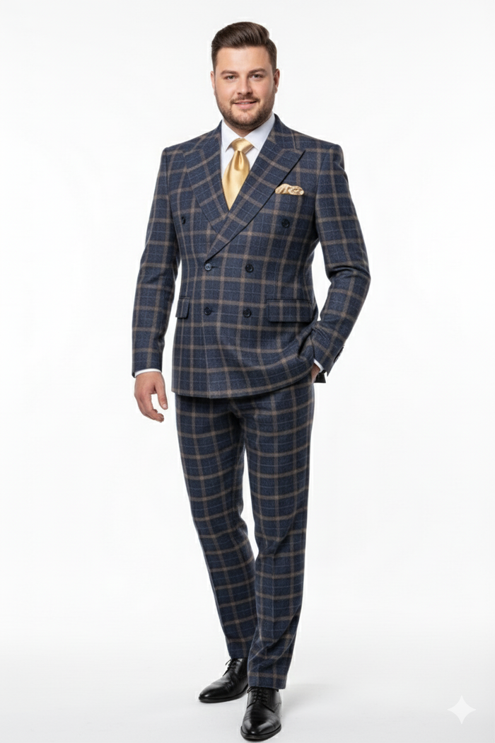 Men’s Navy and Tan Windowpane Double-Breasted Suit - Classic 2-Piece Plaid Dress Suit, Business, and Formal Events By Rossiman USA Men's Outlet