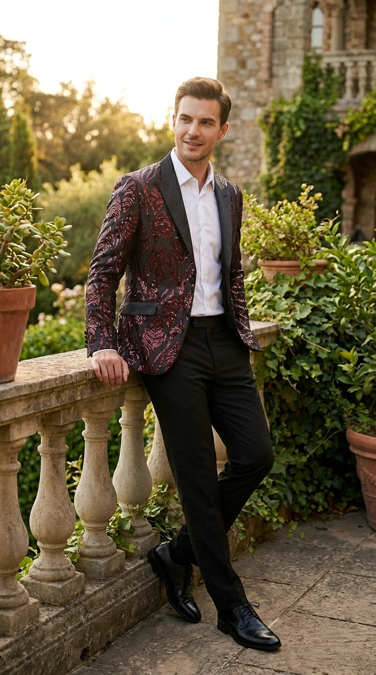 Men’s Black and Burgundy Sequin Blazer – Black Sparkle Sequin Party Blazer with Burgundy Pattern for Prom, Wedding Slim Fitted