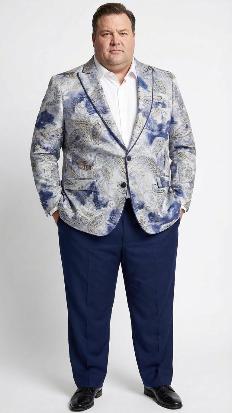 Men’s Navy Blue and Gray Paisley Print Blazer – Prom Jacket for Formal, Party, and Evening Wear