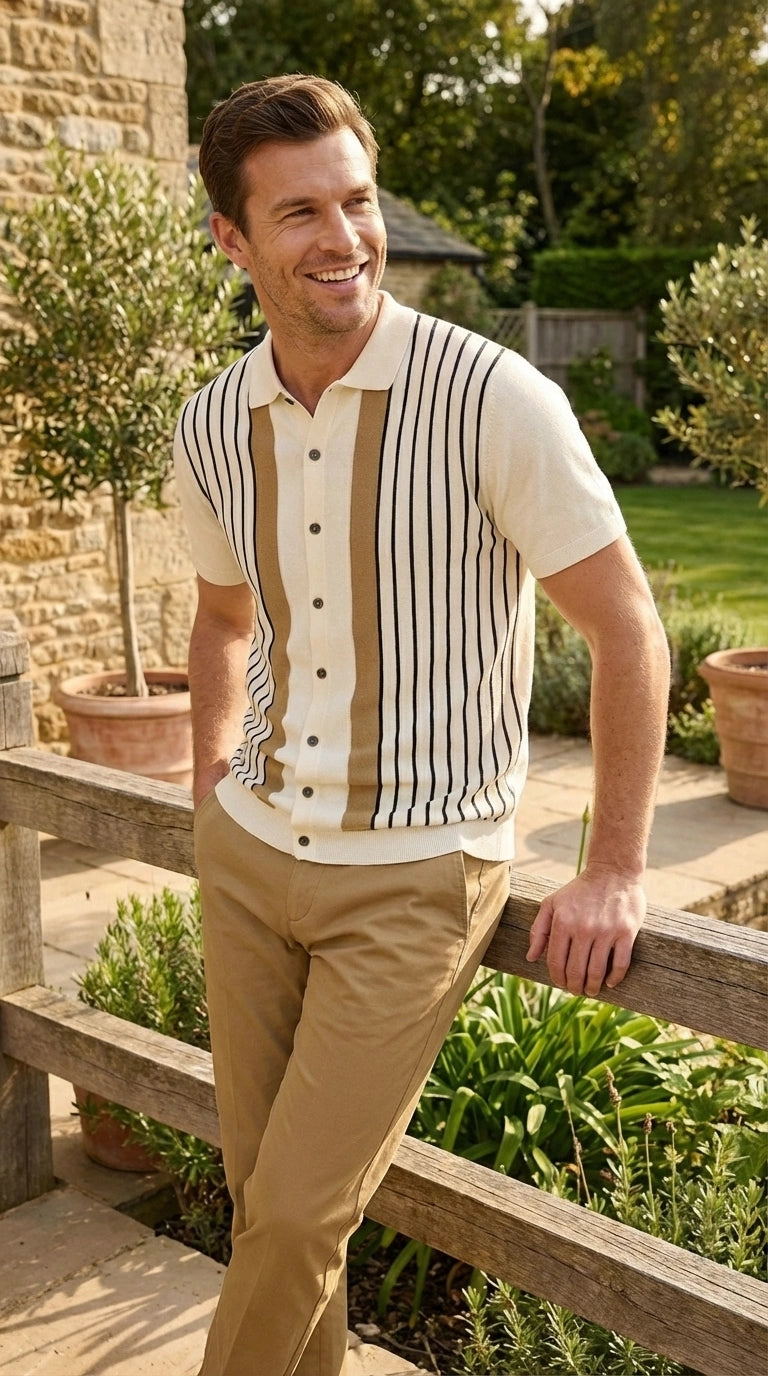 Mens Cream and Tan Striped Walking Suit Set – Casual Summer Short Sleeve Shirt and Pants Outfit for Vacation, Travel and Everyday Wear