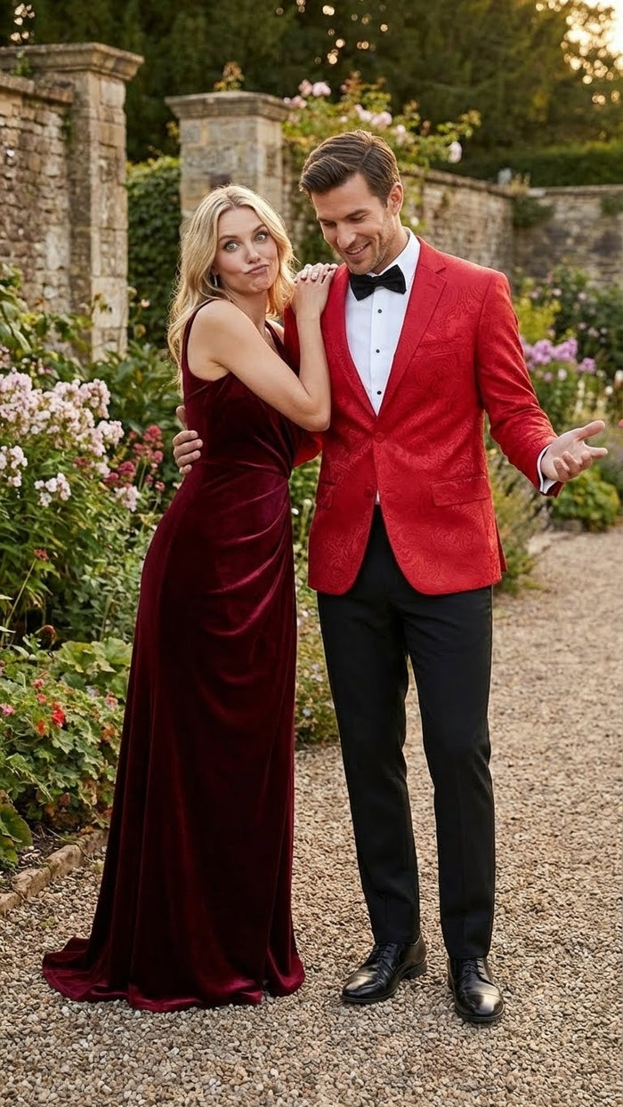 Men’s Red Paisley Velvet Blazer - Christmas new year Sport Coat Jacket - Prom 2026 Collection USA Men's Outlet