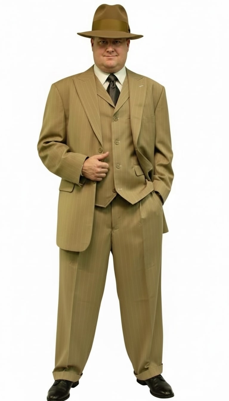 Mens Tan Pinstripe Three Button Suit – 1920s Gangster Vintage 3-Piece Suit with Wide-Leg Pants and Fedora Style in Beige Color