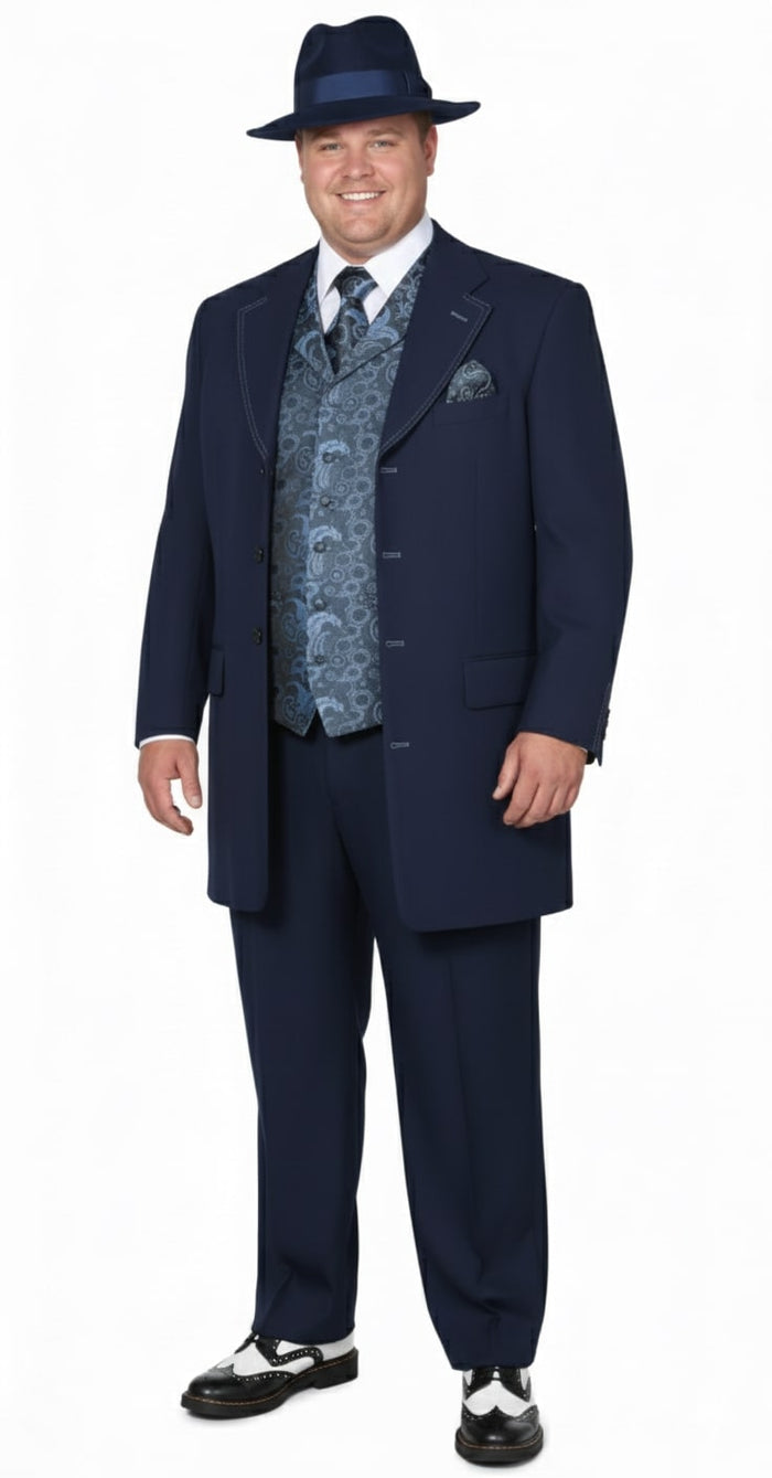 Mens 1920s Navy Blue Zoot Suit - Vintage Gangster 3-Piece Long Jacket Suit Classic Fit Pleated Pants by USA Men's Outlet