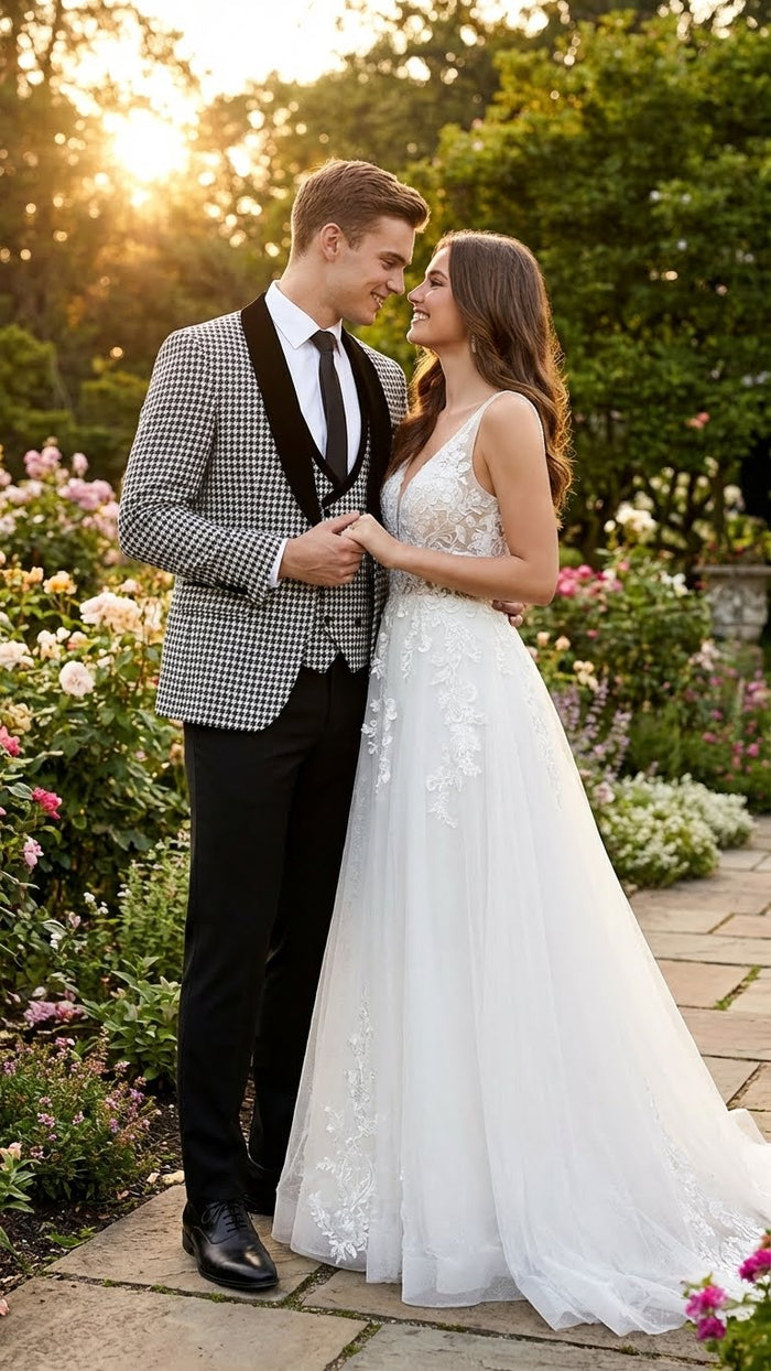 Men’s Black and White Houndstooth Tuxedo Set with Velvet Shawl Lapel - 3-Piece Formal Suit with Double-Breasted Vest by USA Men's Outlet
