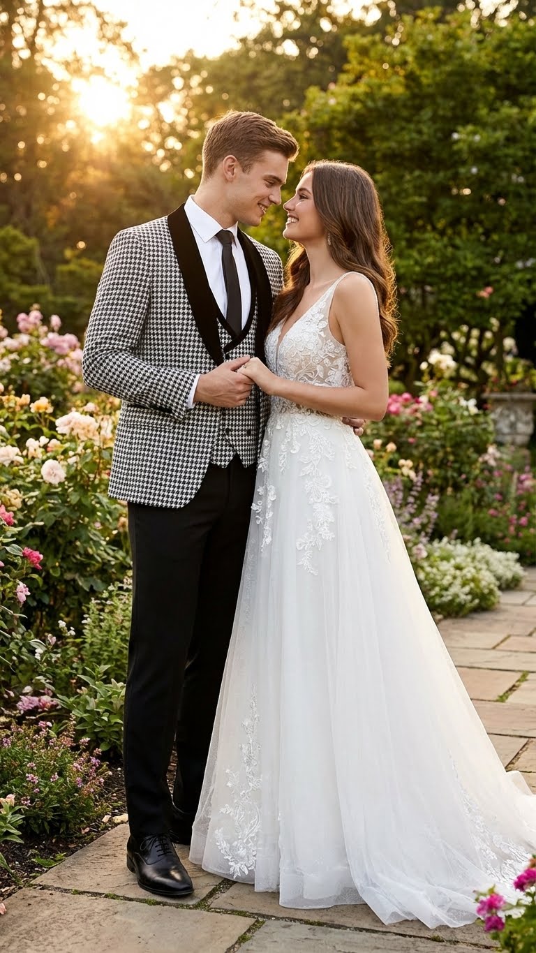 Men’s Black and White Houndstooth Tuxedo Set with Velvet Shawl Lapel - 3-Piece Formal Suit with Double-Breasted Vest by USA Men's Outlet