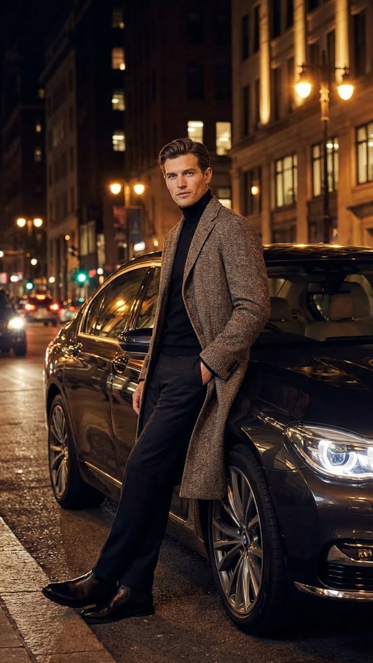 Men’s Black & Grey Herringbone Tweed Wool Blend Overcoat - Classic Single-Breasted Winter Blazer Carcoat by USA Men's Outlet