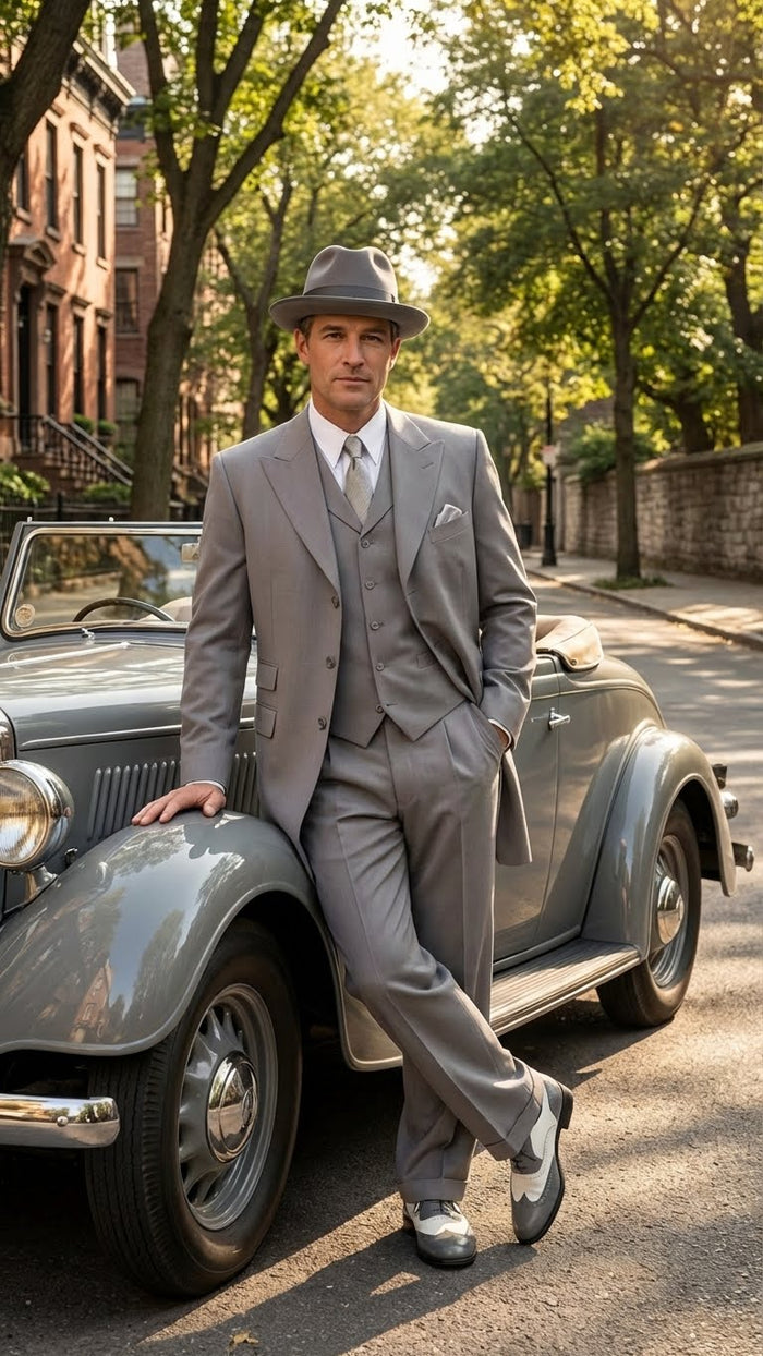 Men’s Gray Zoot Suit with Matching Hat and 1920s Shoes - Grey Vintage Wedding and Party Three Piece Suit by USA Men's Outlet