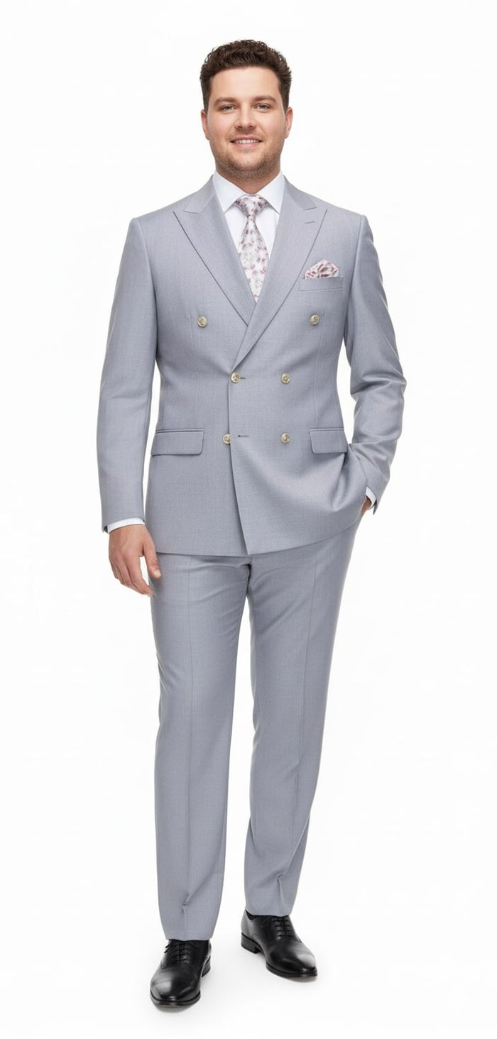Mens Silver Grey Double-Breasted 3-Piece Suit - Classic Tailored Fit with Peak Lapel and Gold Buttons for Weddings, Church and Formal Events by USA Men's Outlet