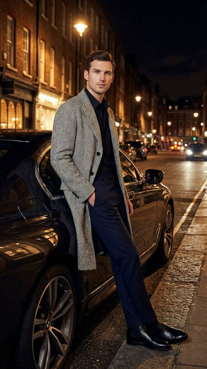 Men’s Grey Herringbone Long Overcoat - Tweed Black and White Pattern Wool Topcoat Three Qaurter USA Men's Outlet