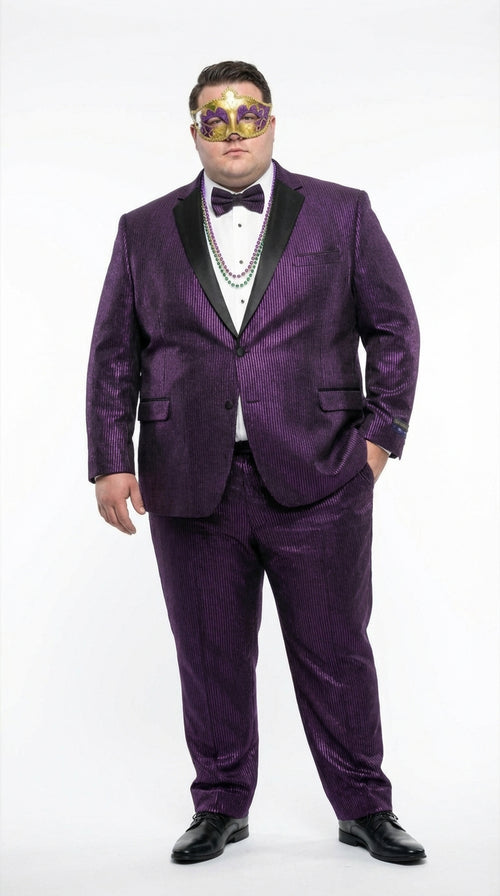 Mens Purple Shimmer Mardi Gras Suit with Black Satin Lapel – Shiny Metallic Formal Party and Carnival Suit Sequin Look