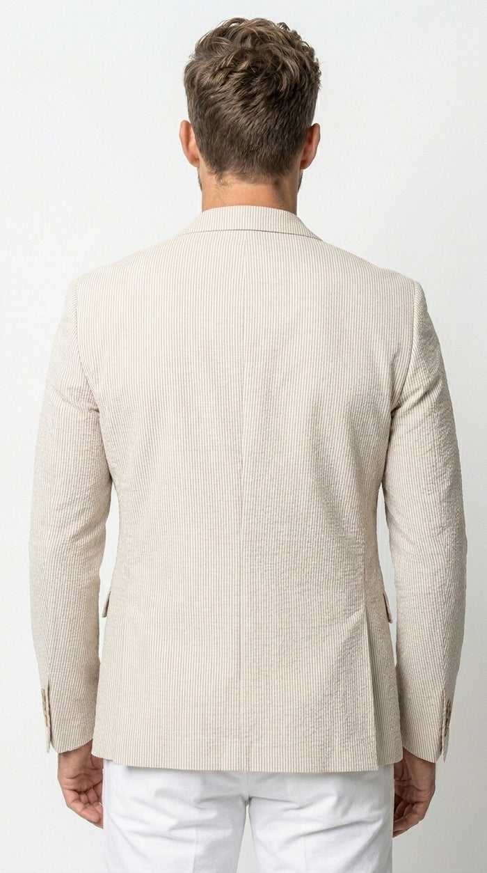 Men’s Beige Seersucker Summer Blazer, Lightweight Striped Sport Coat for Weddings, Parties, Beach Events in Tan Color