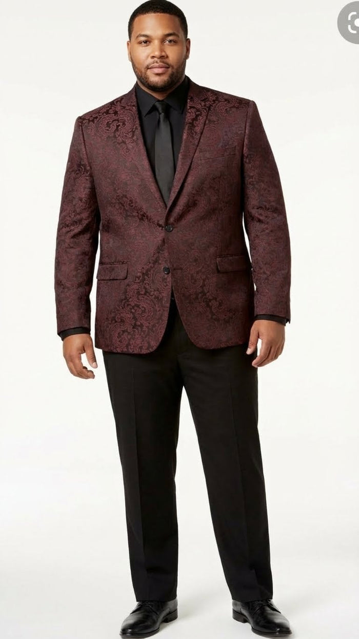 Men’s Burgundy Paisley Blazer Sport Coat - Velvet Dinner Jacket floral in Maroon Wine Color Ultra Slim Fit Smoking Jacket by USA Men's Outlet