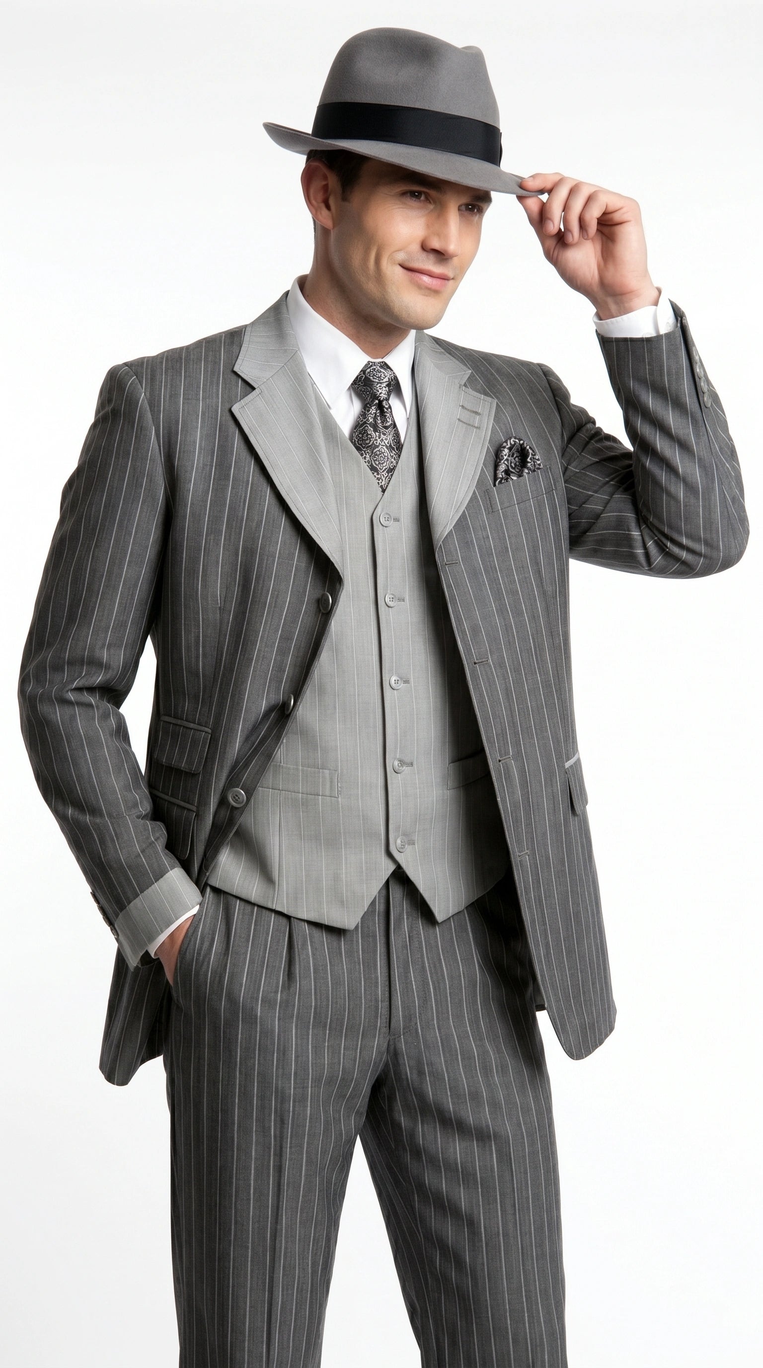 Men’s Grey Pinstripe 1920s Gangster 3 Piece Suit, Contrast Lapel Vintage Formal Suit for Parties, Prom, Weddings, and Theme Events