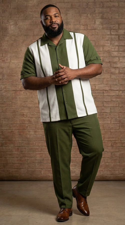 Men’s Olive Green and White Walking Suit – 2-Piece Short Sleeve Casual Leisure Outfit