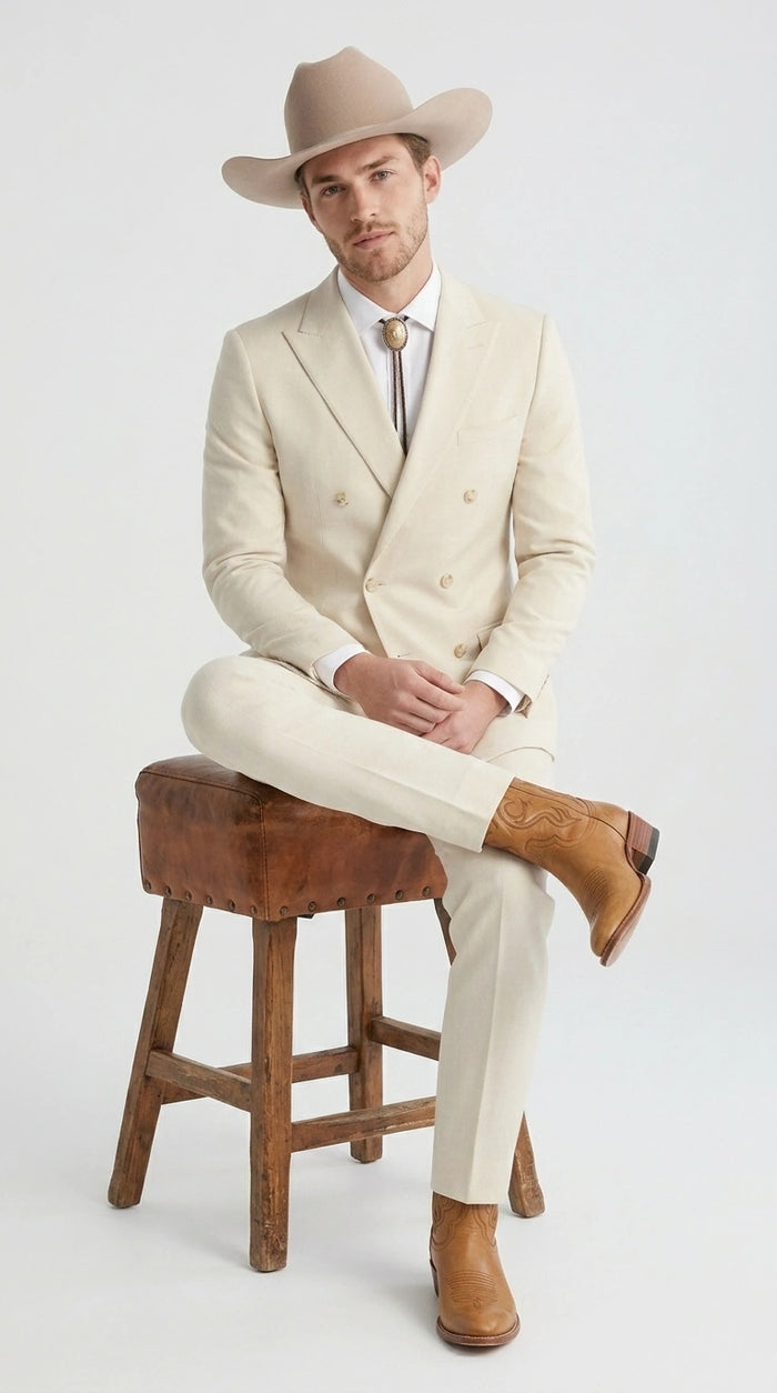 Men’s Tan Linen Cowboy Suit, Double Breasted Western Wedding Formal Western Suit Country style in Beige Tan Color