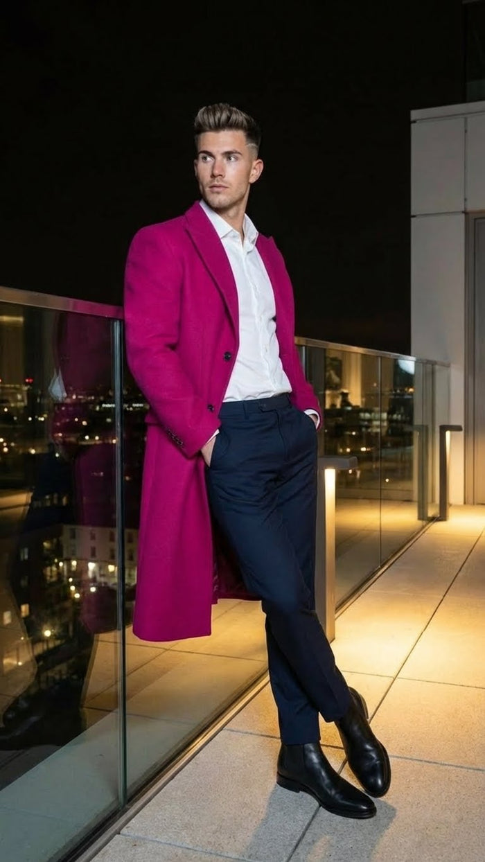 Men’s Hot Pink Wool Blend Overcoat - Topcoat Carcoat Winter Fabric by USA Men's Outlet