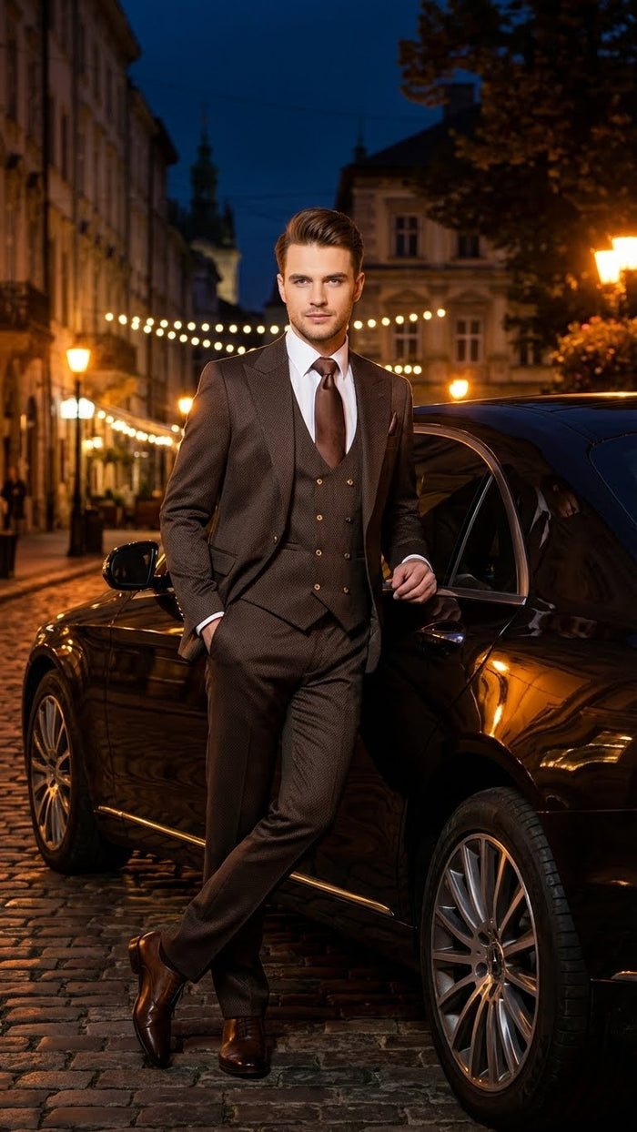 Men’s Chocolate Brown Textured 3-Piece Suit - Luxury Double-Breasted Vest Formal Set by USA Men's Outlet