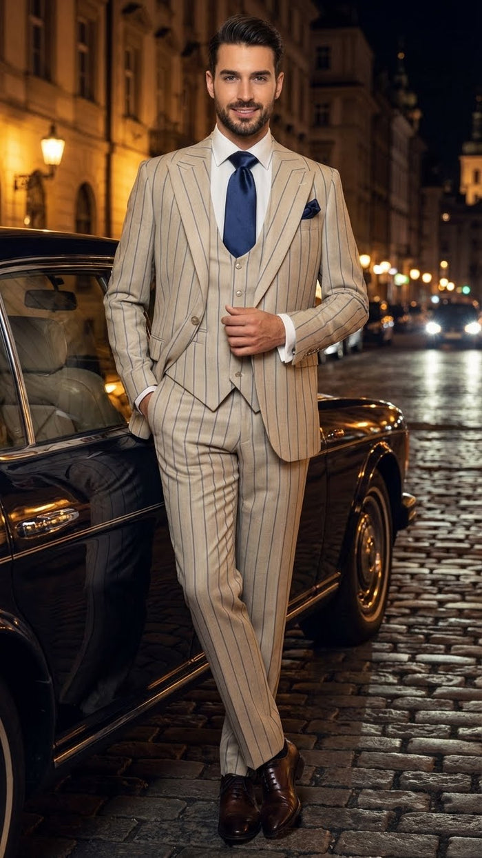 Men's Beige with blue Pinstripe Three-Piece Suit with Vest by Rossiman Vested Peak Lapel in Tan Stripe 1920s style by USA Men's Outlet