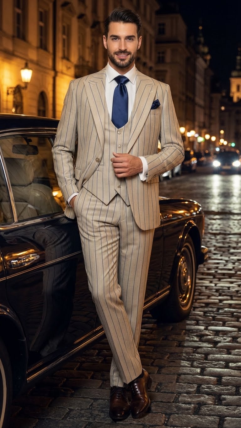 Men's Beige with blue Pinstripe Three-Piece Suit with Vest by Rossiman Vested Peak Lapel in Tan Stripe 1920s style by USA Men's Outlet
