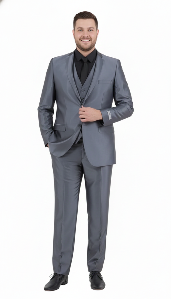 Men’s Dark Grey Shiny Two-Piece Suit - Slim Fitted Formal Jacket and Tailored Pants - Sateen Metalic in Charcoal Gray Color - USA Men's Outlet
