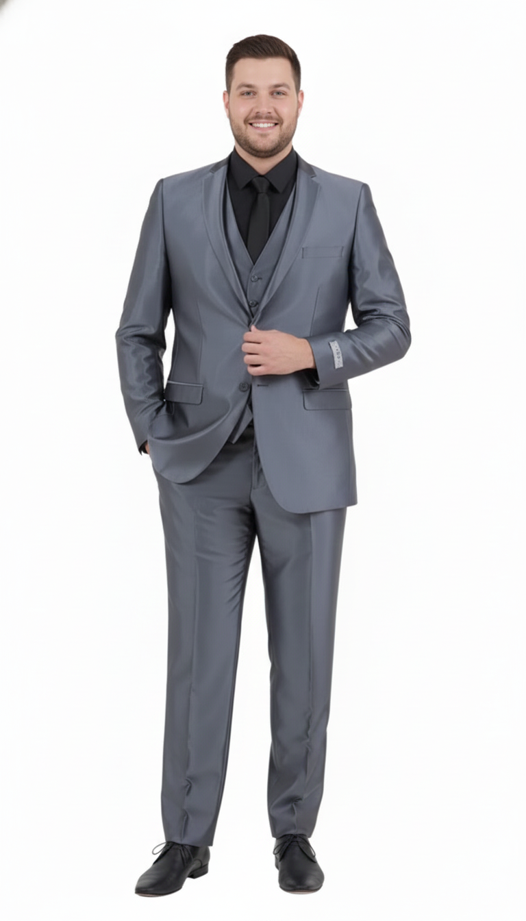 Men’s Dark Grey Shiny Two-Piece Suit - Slim Fitted Formal Jacket and Tailored Pants - Sateen Metalic in Charcoal Gray Color - USA Men's Outlet