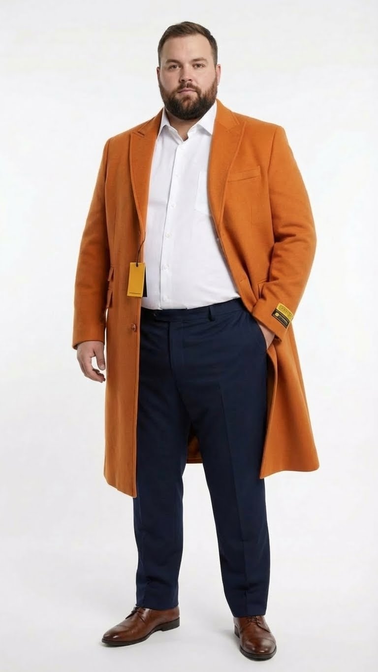 Men’s Orange - Rust Wool Blend Long Overcoat - Topcoat Carcoat Topcoat by USA Men's Outlet