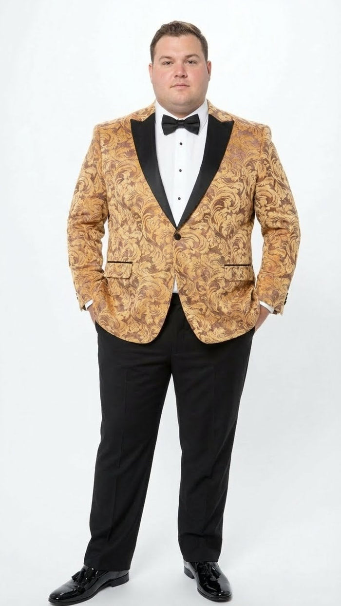 Men’s Yellow Gold Baroque Pattern Tuxedo Blazer Suit - Party and Wedding Jacket Prom Paisley Black Pants USA Men's Outlet