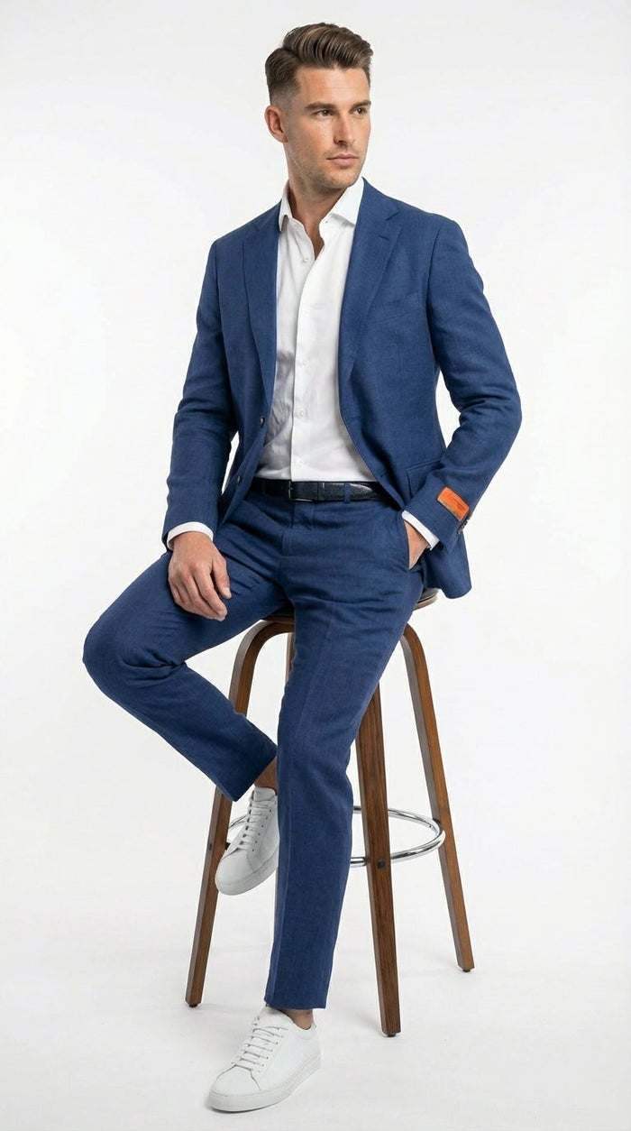 Mens Enzo Tovare Denim Blue Linen Summer Suit – Breathable Two Piece Suit for Wedding, Business, Travel