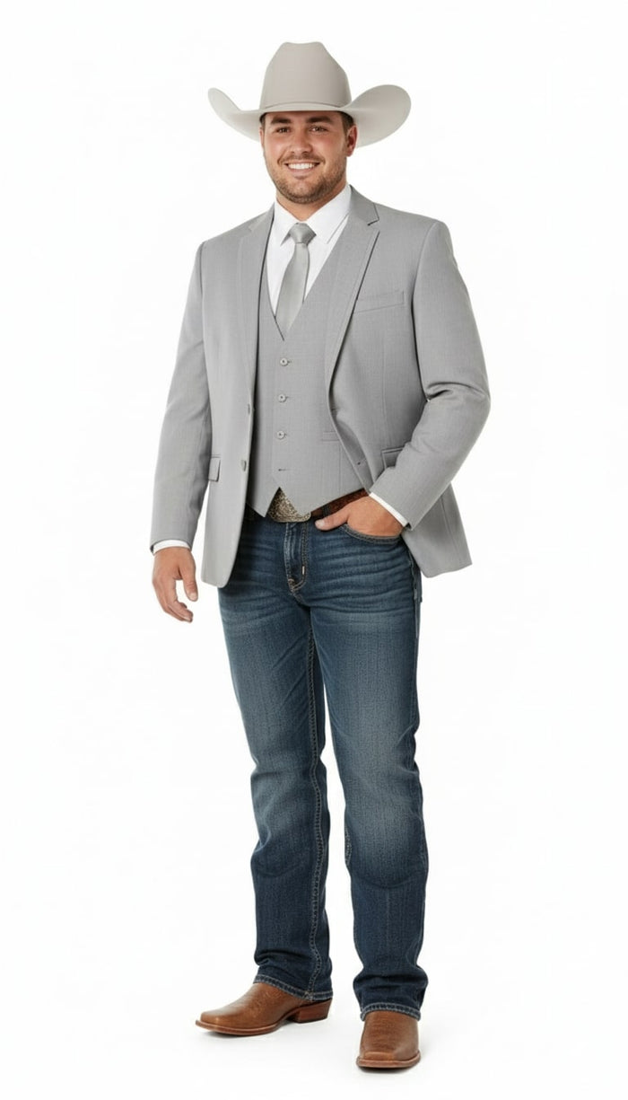 Saco Vaquero Mens Western Wedding Blazer – Light Gray Cowboy Suit Jacket for Rustic and Country Weddings