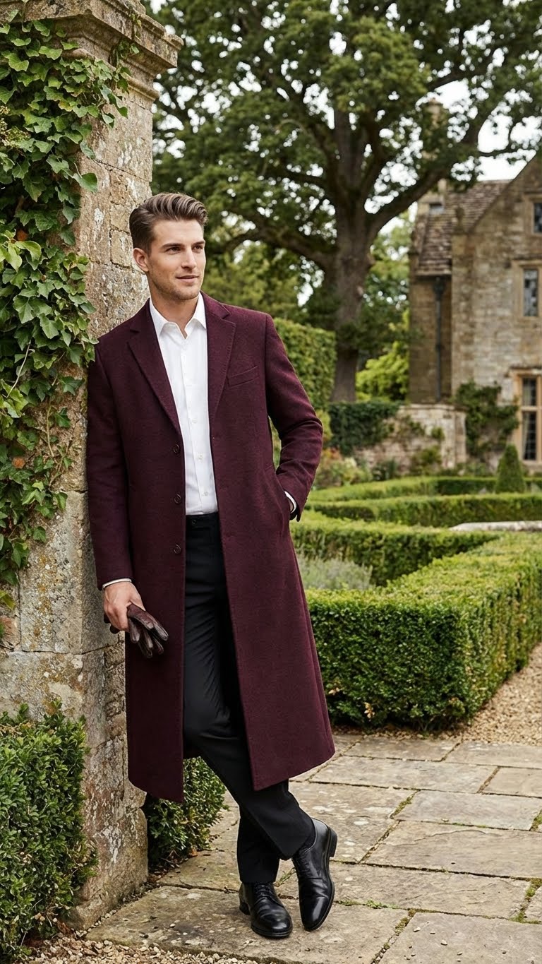 Men’s Burgundy Long Coat – Classic Fit Wool Blend Overcoat - Topcoat Full length