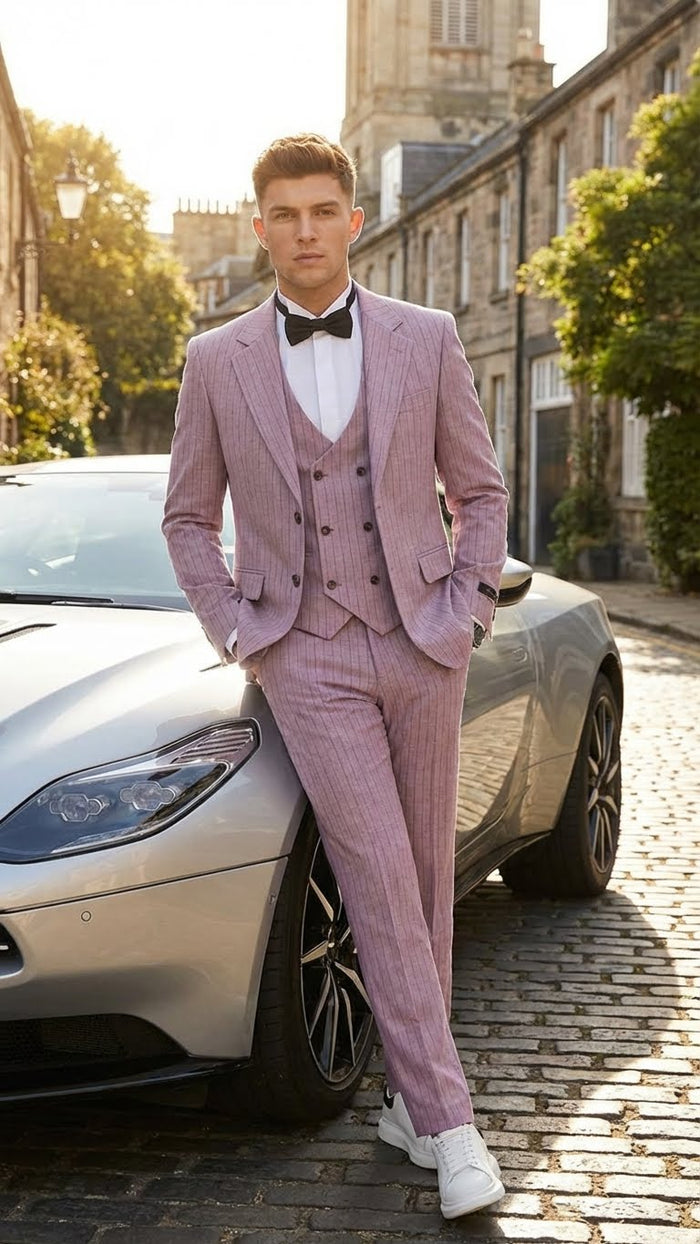 Men’s Dusty Rose Pink Pinstripe Three Piece Suit with Vest - Wedding and Party Formal Wear Prom or Church Suit by USA Men's Outlet