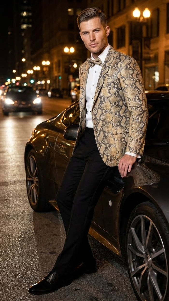 Men’s Beige and Black Snakeskin Print Blazer - Alligator Crocodile Exotic Sking Sport Coat Jacket in Tan Camel Color USA Men's Outlet