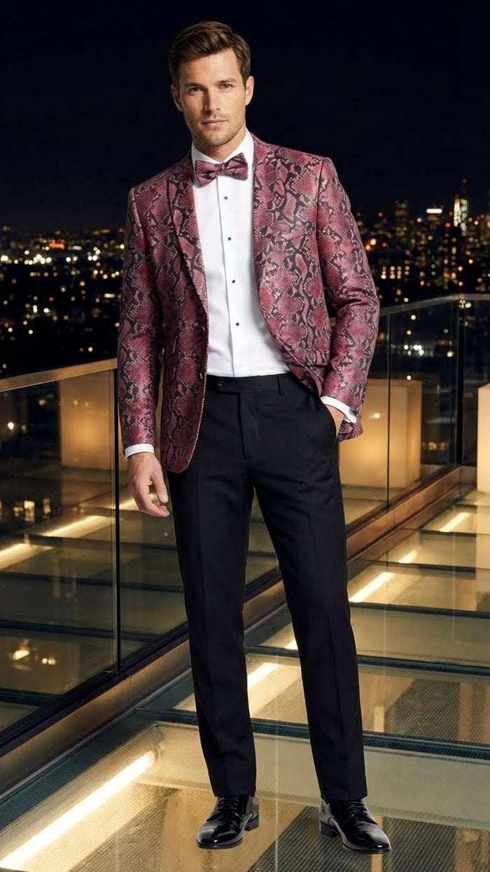 Men’s Burgundy and Black Snakeskin Print Blazer - Alligator Crocodile Sport Jacket Exotic Skin by USA Men's Outlet