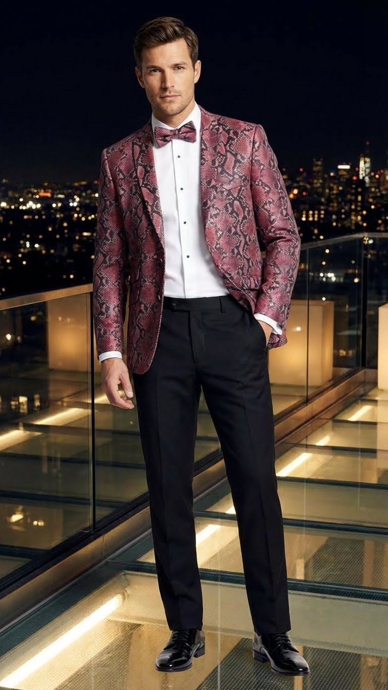 Men’s Burgundy and Black Snakeskin Print Blazer - Alligator Crocodile Sport Jacket Exotic Skin by USA Men's Outlet