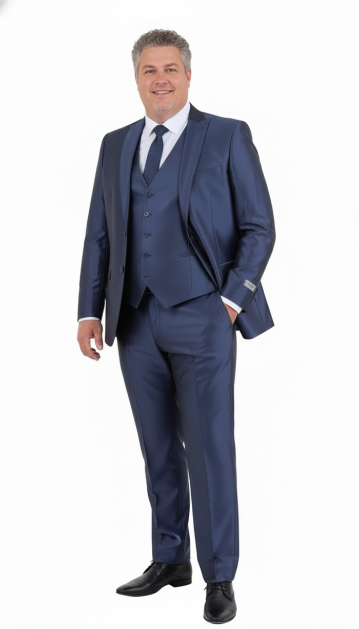 Men’s Navy Blue Shiny Finish 3-Piece Suit Set - Premium Tailored Fit Formal Wedding and Party Sateen Slim Fitted Suit by USA Men's Outlet