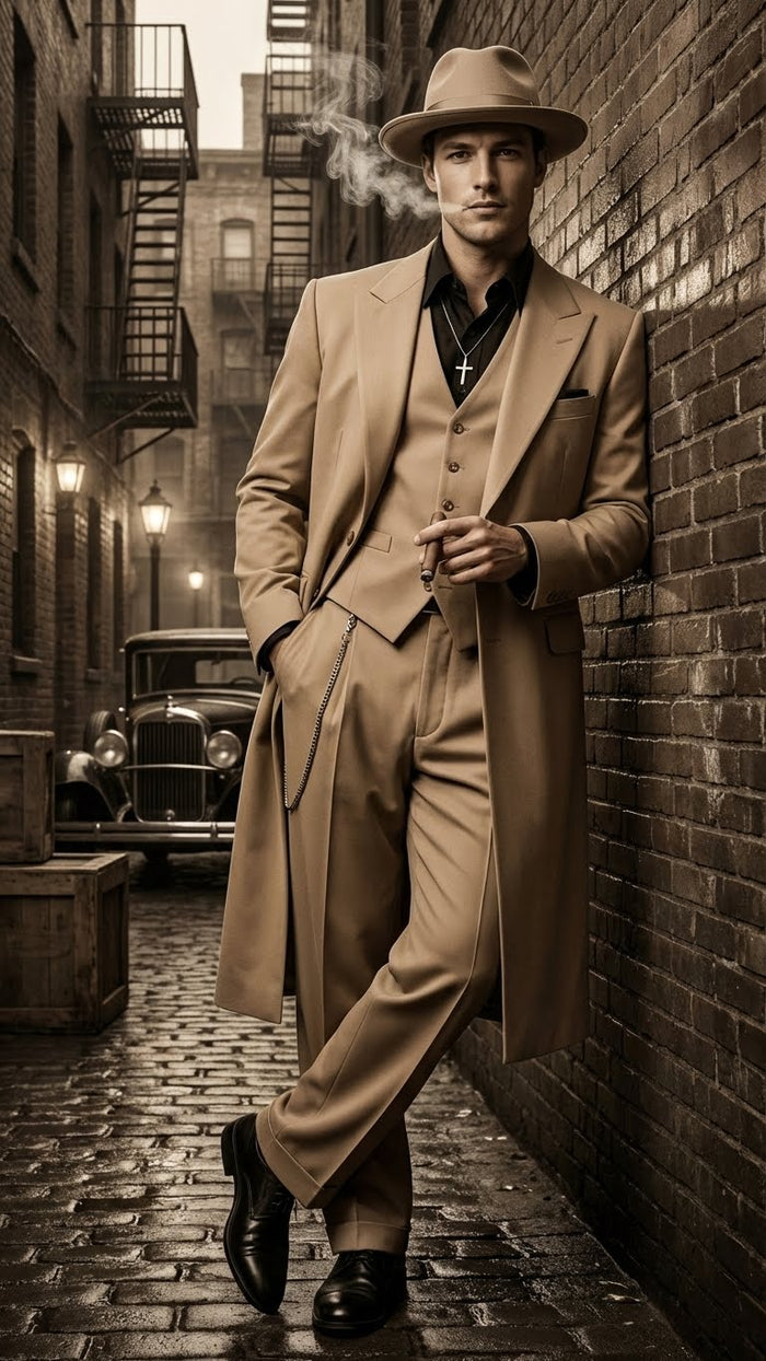 Men’s 1920s Beige Zoot Suit - Long Mafia Gangster Three-Piece Suit in Tan Khaki Color 40 inch Zuit Pachuco Suit by USA Men's Outlet