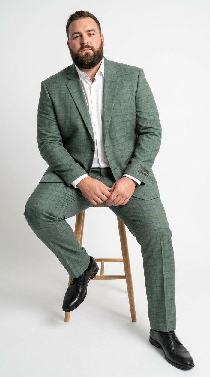 Men’s Tartan olive Green with blue checker Windowpane 2-Piece Suit – Modern Fit Plaid, Business and Formal Suit english styl