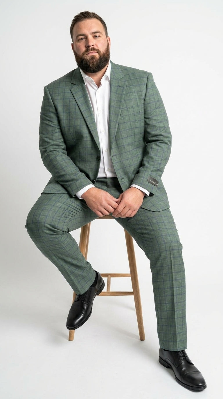 Men’s Tartan olive Green with blue checker Windowpane 2-Piece Suit – Modern Fit Plaid, Business and Formal Suit english styl