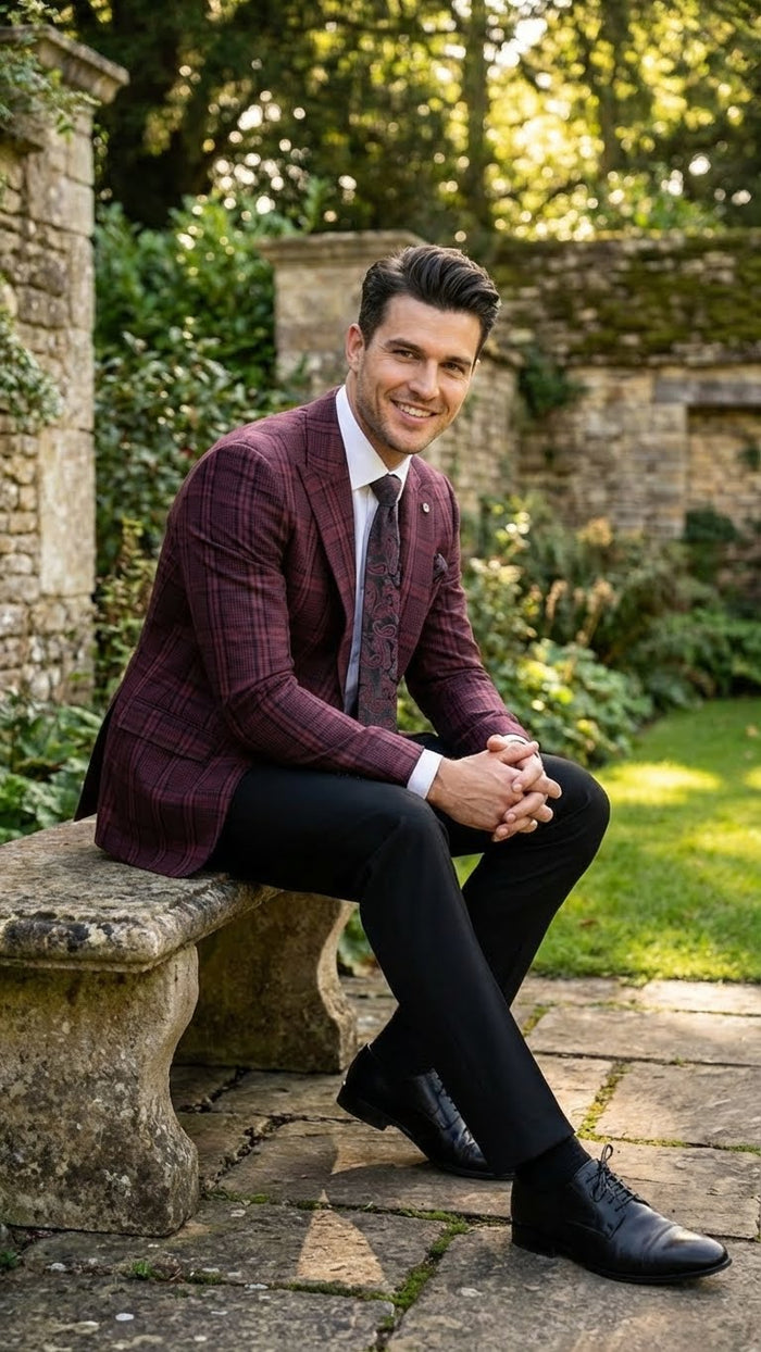 Men’s Burgundy Check Blazer - Windowpane Plaid blazer in Maroon Wine Color USA Men's Outlet